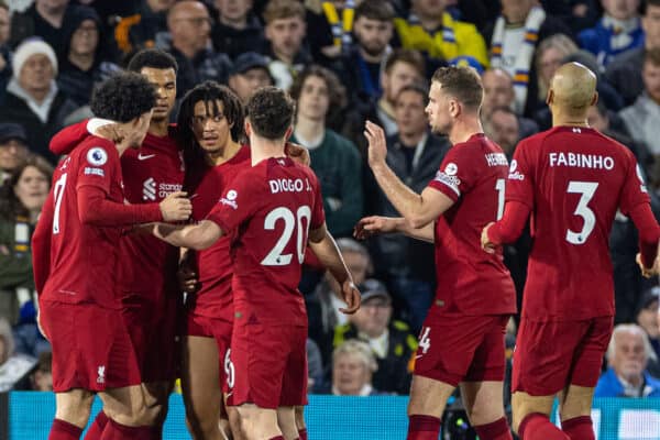 LEEDS, ENGLAND - Monday, April 17, 2023: Liverpool's Cody Gakpo (2nd from L) celebrates with team-mates after scoring the opening goal during the FA Premier League match between Leeds United FC and Liverpool FC at Elland Road. (Pic by David Rawcliffe/Propaganda)