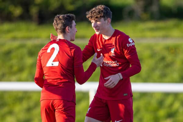 DERBY, ENGLAND - Tuesday, April 18, 2023: Liverpool's Lewis Koumas (R) celebrates after scoring the first goal with team-mate Josh Davidson during the Under-18 Premier League match between Derby County FC Under-18's and Liverpool FC Under-18's at Moor Farm Training Centre. (Pic by David Rawcliffe/Propaganda)