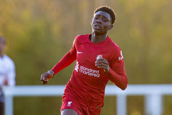 DERBY, ENGLAND - Tuesday, April 18, 2023: Liverpool's Elijah Gift during the Under-18 Premier League match between Derby County FC Under-18's and Liverpool FC Under-18's at Moor Farm Training Centre. (Pic by David Rawcliffe/Propaganda)