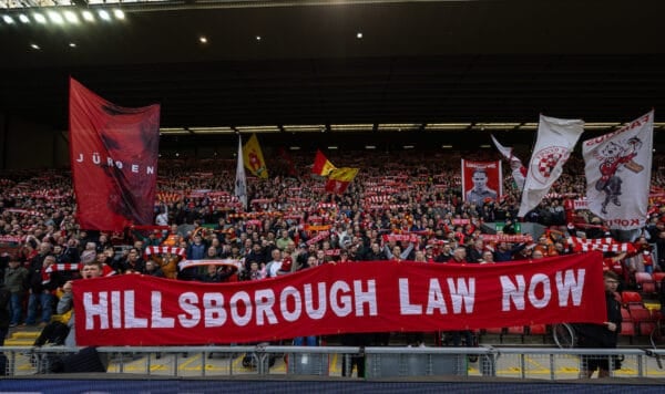 LIVERPOOL, ENGLAND - Saturday, April 22, 2023: Liverpool supporters' banner calling for a Hillsborough Law during the FA Premier League match between Liverpool FC and Nottingham Forest FC at Anfield. (Pic by David Rawcliffe/Propaganda)