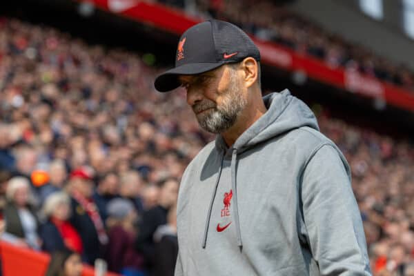 LIVERPOOL, ENGLAND - Saturday, April 22, 2023: Liverpool's manager Jürgen Klopp during the FA Premier League match between Liverpool FC and Nottingham Forest FC at Anfield. (Pic by David Rawcliffe/Propaganda)