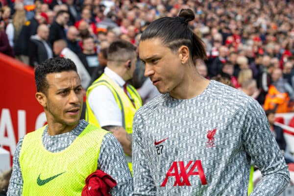 LIVERPOOL, ENGLAND - Saturday, April 22, 2023: Liverpool's substitutes Thiago Alcântara (L) and Darwin Núñez during the FA Premier League match between Liverpool FC and Nottingham Forest FC at Anfield. (Pic by David Rawcliffe/Propaganda)