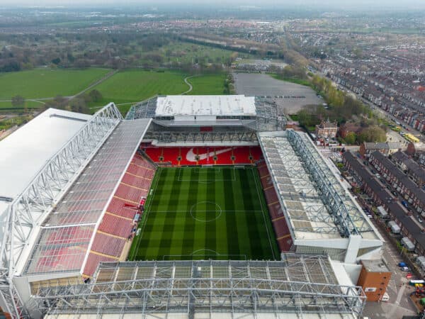 LIVERPOOL, ENGLAND - Saturday, April 22, 2023: An aerial view of Anfield, showing the construction of a new upper tier to the Anfield Road stand, seen before the FA Premier League match between Liverpool FC and Nottingham Forest FC at Anfield. (Pic by David Rawcliffe/Propaganda)