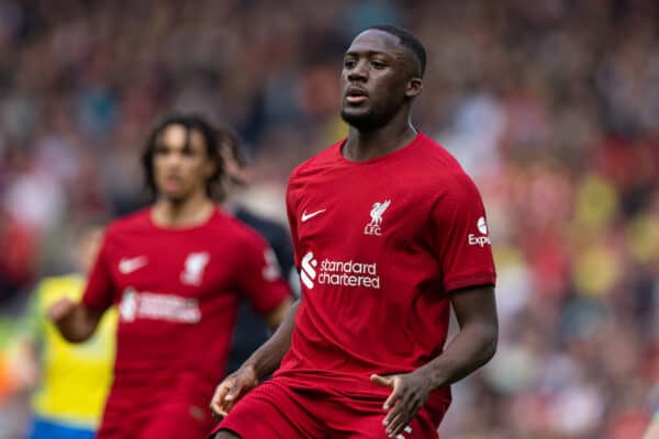 LIVERPOOL, ENGLAND - Saturday, April 22, 2023: Liverpool's Ibrahima Konaté during the FA Premier League match between Liverpool FC and Nottingham Forest FC at Anfield. (Pic by David Rawcliffe/Propaganda)