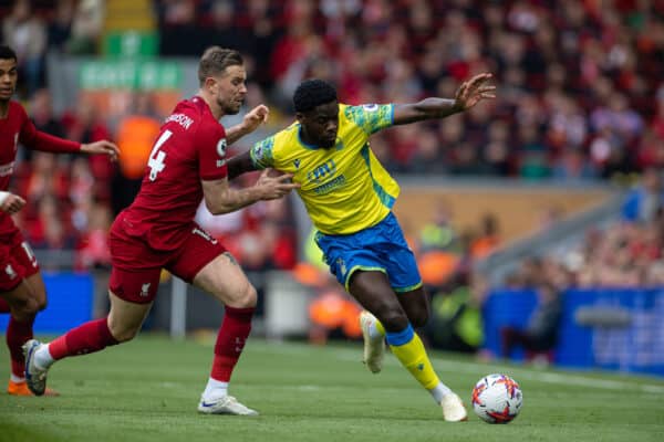 LIVERPOOL, ENGLAND - Saturday, April 22, 2023: Nottingham Forest's Orel Mangala (R) is challenged by Liverpool's captain Jordan Henderson during the FA Premier League match between Liverpool FC and Nottingham Forest FC at Anfield. (Pic by David Rawcliffe/Propaganda)