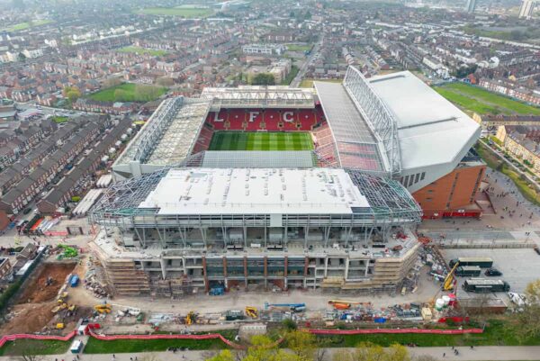 LIVERPOOL, ENGLAND - Saturday, April 22, 2023: An aerial view of Anfield, showing the construction of a new upper tier to the Anfield Road stand, seen before the FA Premier League match between Liverpool FC and Nottingham Forest FC at Anfield. (Pic by David Rawcliffe/Propaganda)
