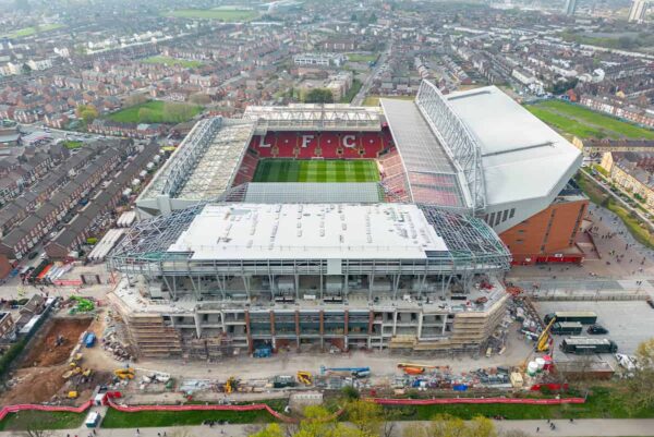 LIVERPOOL, ENGLAND - Saturday, April 22, 2023: An aerial view of Anfield, showing the construction of a new upper tier to the Anfield Road stand, seen before the FA Premier League match between Liverpool FC and Nottingham Forest FC at Anfield. (Pic by David Rawcliffe/Propaganda)