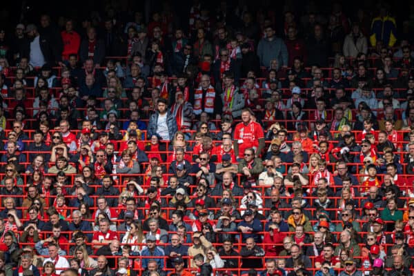 LIVERPOOL, ENGLAND - Saturday, April 22, 2023: Liverpool supporters in rail seats during the FA Premier League match between Liverpool FC and Nottingham Forest FC at Anfield. (Pic by David Rawcliffe/Propaganda)