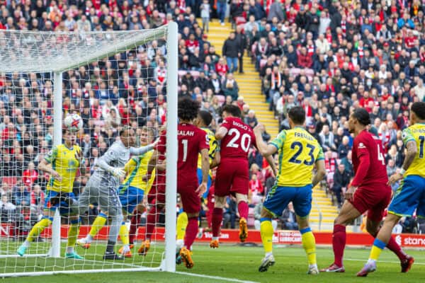 LIVERPOOL, ENGLAND - Saturday, April 22, 2023: Liverpool's Diogo Jota scores the opening goal during the FA Premier League match between Liverpool FC and Nottingham Forest FC at Anfield. (Pic by David Rawcliffe/Propaganda)