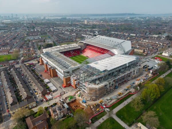 LIVERPOOL, ENGLAND - Saturday, April 22, 2023: An aerial view of Anfield, showing the construction of a new upper tier to the Anfield Road stand, seen before the FA Premier League match between Liverpool FC and Nottingham Forest FC at Anfield. (Pic by David Rawcliffe/Propaganda)