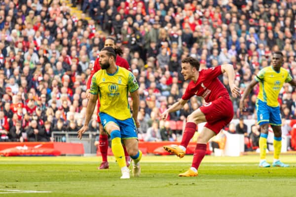 LIVERPOOL, ENGLAND - Saturday, April 22, 2023: Liverpool's Diogo Jota scores the second goal during the FA Premier League match between Liverpool FC and Nottingham Forest FC at Anfield. (Pic by David Rawcliffe/Propaganda)