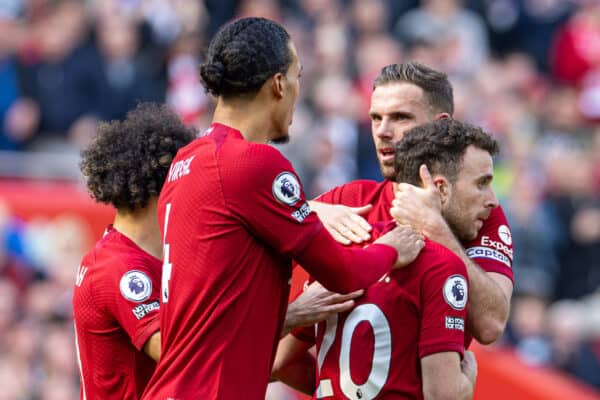 LIVERPOOL, ENGLAND - Saturday, April 22, 2023: Liverpool's Diogo Jota (R) celebrates with team-mates after scoring the second goal during the FA Premier League match between Liverpool FC and Nottingham Forest FC at Anfield. (Pic by David Rawcliffe/Propaganda)