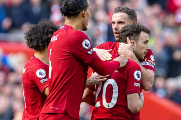 LIVERPOOL, ENGLAND - Saturday, April 22, 2023: Liverpool's Diogo Jota (R) celebrates with team-mates after scoring the second goal during the FA Premier League match between Liverpool FC and Nottingham Forest FC at Anfield. (Pic by David Rawcliffe/Propaganda)