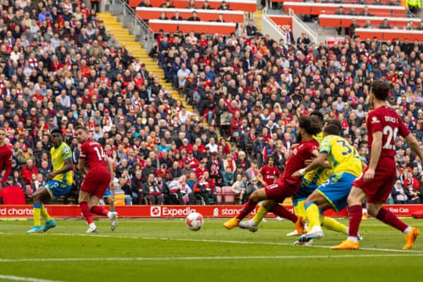 LIVERPOOL, ENGLAND - Saturday, April 22, 2023: Liverpool's Mohamed Salah scores the third goal during the FA Premier League match between Liverpool FC and Nottingham Forest FC at Anfield. (Pic by David Rawcliffe/Propaganda)