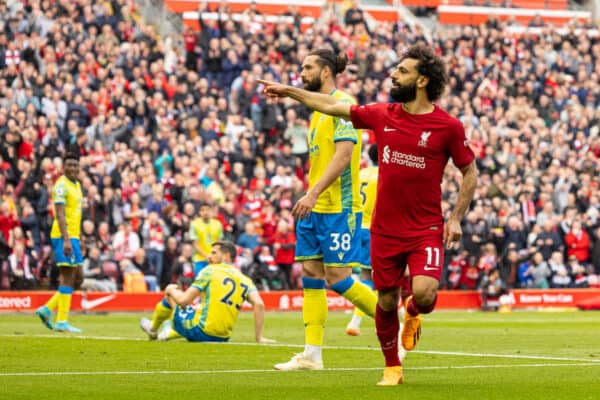 LIVERPOOL, ENGLAND - Saturday, April 22, 2023: Liverpool's Mohamed Salah celebrates after scoring the third goal during the FA Premier League match between Liverpool FC and Nottingham Forest FC at Anfield. (Pic by David Rawcliffe/Propaganda)