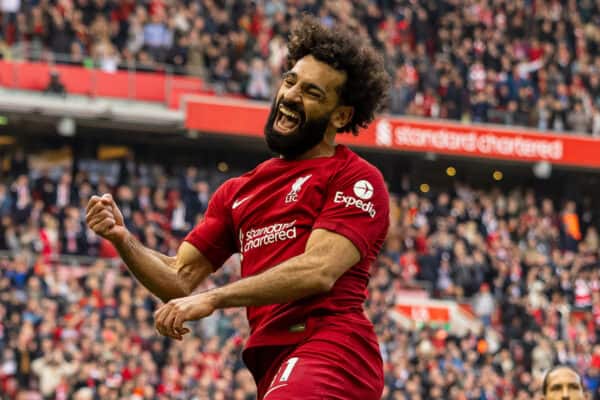 LIVERPOOL, ENGLAND - Saturday, April 22, 2023: Liverpool's Mohamed Salah celebrates after scoring the third goal during the FA Premier League match between Liverpool FC and Nottingham Forest FC at Anfield. (Pic by David Rawcliffe/Propaganda)