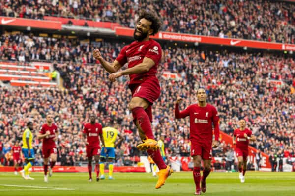 LIVERPOOL, ENGLAND - Saturday, April 22, 2023: Liverpool's Mohamed Salah celebrates after scoring the third goal during the FA Premier League match between Liverpool FC and Nottingham Forest FC at Anfield. (Pic by David Rawcliffe/Propaganda)