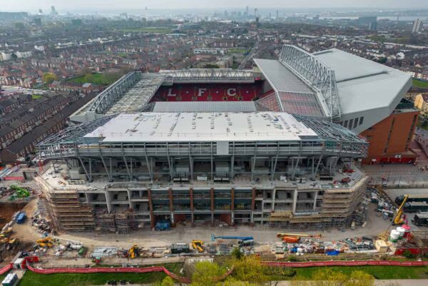 LIVERPOOL, ENGLAND - Saturday, April 22, 2023: An aerial view of Anfield, showing the construction of a new upper tier to the Anfield Road stand, seen before the FA Premier League match between Liverpool FC and Nottingham Forest FC at Anfield. (Pic by David Rawcliffe/Propaganda)