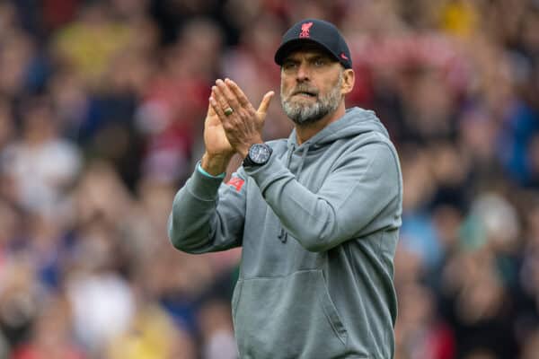 LIVERPOOL, ENGLAND - Saturday, April 22, 2023: Liverpool's manager Jürgen Klopp applauds the supporters after the FA Premier League match between Liverpool FC and Nottingham Forest FC at Anfield. Liverpool won 3-2. (Pic by David Rawcliffe/Propaganda)