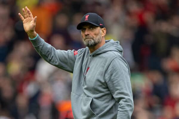 LIVERPOOL, ENGLAND - Saturday, April 22, 2023: Liverpool's manager Jürgen Klopp waves to the supporters after the FA Premier League match between Liverpool FC and Nottingham Forest FC at Anfield. Liverpool won 3-2. (Pic by David Rawcliffe/Propaganda)