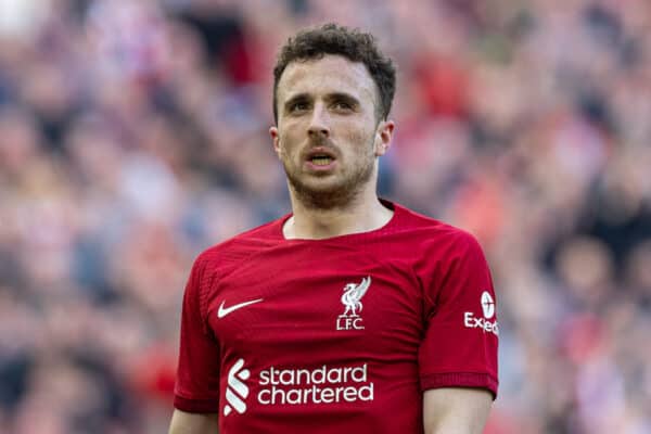 LIVERPOOL, ENGLAND - Saturday, April 22, 2023: Liverpool's Diogo Jota during the FA Premier League match between Liverpool FC and Nottingham Forest FC at Anfield. (Pic by David Rawcliffe/Propaganda)