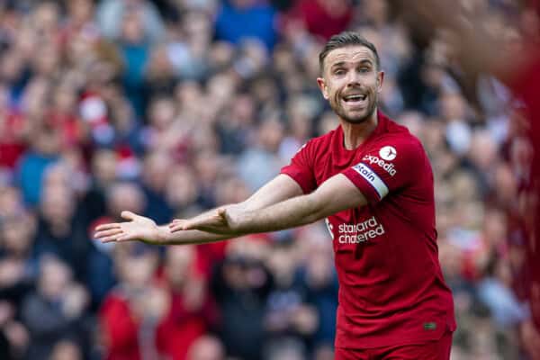 LIVERPOOL, ENGLAND - Saturday, April 22, 2023: Liverpool's captain Jordan Henderson during the FA Premier League match between Liverpool FC and Nottingham Forest FC at Anfield. (Pic by David Rawcliffe/Propaganda)