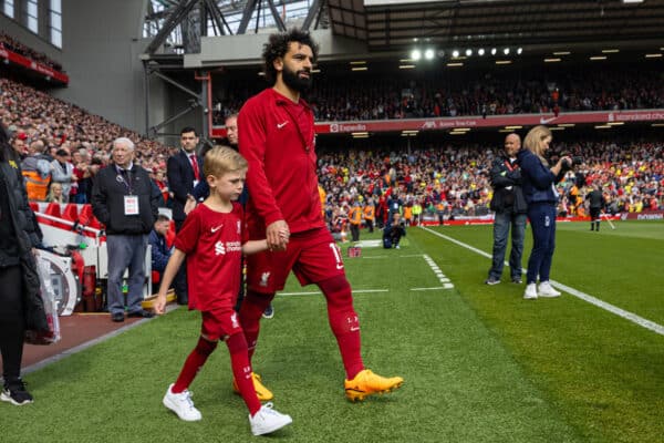 LIVERPOOL, ENGLAND - Saturday, April 22, 2023: Liverpool's Mohamed Salah walks out with Steven Gerrard's son Lio before the FA Premier League match between Liverpool FC and Nottingham Forest FC at Anfield. (Pic by David Rawcliffe/Propaganda)