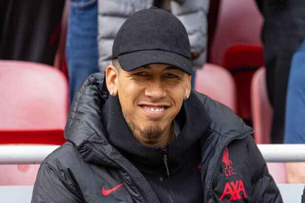 LIVERPOOL, ENGLAND - Saturday, April 22, 2023: Liverpool's injured player Roberto Firmino seen before the FA Premier League match between Liverpool FC and Nottingham Forest FC at Anfield. (Pic by David Rawcliffe/Propaganda)