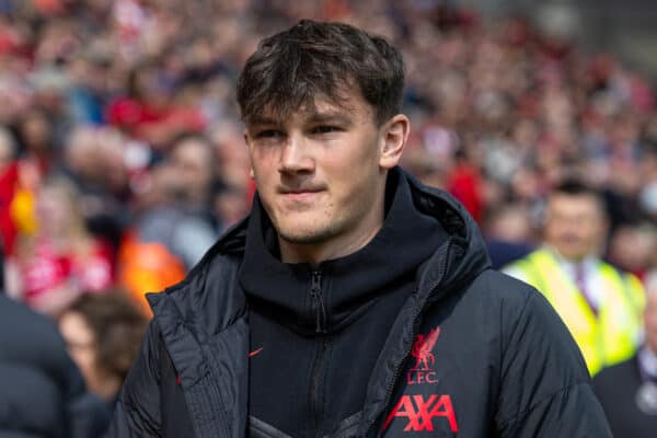 LIVERPOOL, ENGLAND - Saturday, April 22, 2023: Liverpool's injured player Calvin Ramsay seen before the FA Premier League match between Liverpool FC and Nottingham Forest FC at Anfield. (Pic by David Rawcliffe/Propaganda)