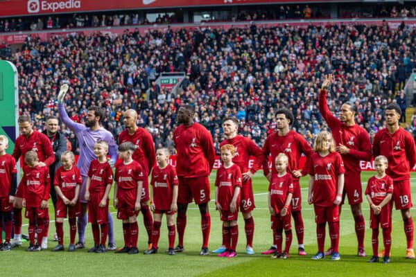 LIVERPOOL, ENGLAND - Saturday, April 22, 2023: Liverpool players line-up before the FA Premier League match between Liverpool FC and Nottingham Forest FC at Anfield. (L-R) captain Jordan Henderson, goalkeeper Alisson Becker, Fabio Henrique Tavares 'Fabinho', Ibrahima Konaté, Andy Robertson, Curtis Jones, Virgil van Dijk, Cody Gakpo, Diogo Jota, Trent Alexander-Arnold, Mohamed Salah. (Pic by David Rawcliffe/Propaganda)