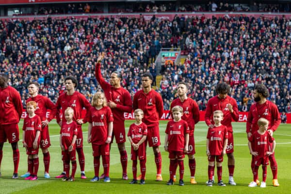 LIVERPOOL, ENGLAND - Saturday, April 22, 2023: Liverpool players line-up before the FA Premier League match between Liverpool FC and Nottingham Forest FC at Anfield. (L-R) captain Jordan Henderson, goalkeeper Alisson Becker, Fabio Henrique Tavares 'Fabinho', Ibrahima Konaté, Andy Robertson, Curtis Jones, Virgil van Dijk, Cody Gakpo, Diogo Jota, Trent Alexander-Arnold, Mohamed Salah. (Pic by David Rawcliffe/Propaganda)