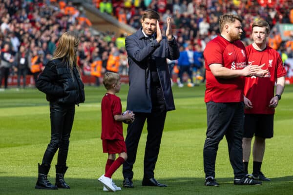 LIVERPOOL, ENGLAND - Saturday, April 22, 2023: Liverpool legend Steven Gerrard makes an appearance on the pitch at half-time during the FA Premier League match between Liverpool FC and Nottingham Forest FC at Anfield. (Pic by David Rawcliffe/Propaganda)