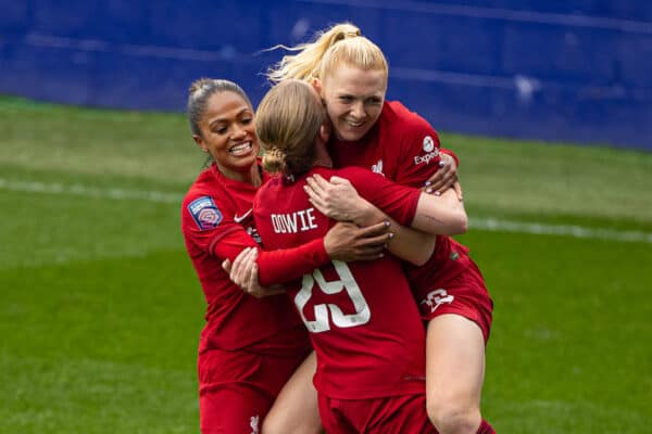 BIRKENHEAD, ENGLAND - Sunday, April 23, 2023: Liverpool's Ceri Holland(R) celebrates with team-mate Natasha Dowie (C) and Taylor Hinds (L) after scoring the second goal during the FA Women’s Super League game between Liverpool FC Women and Brighton & Hove Albion FC Women at Prenton Park. (Pic by David Rawcliffe/Propaganda)