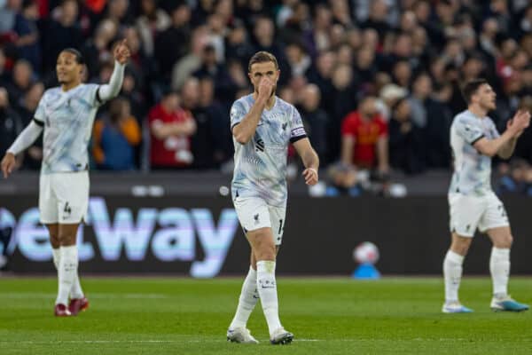 LONDON, ENGLAND - Wednesday, April 26, 2023: Liverpool's captain Jordan Henderson looks dejected as West Ham United score the opening goal during the FA Premier League match between West Ham United FC and Liverpool FC at the London Stadium. (Pic by David Rawcliffe/Propaganda)