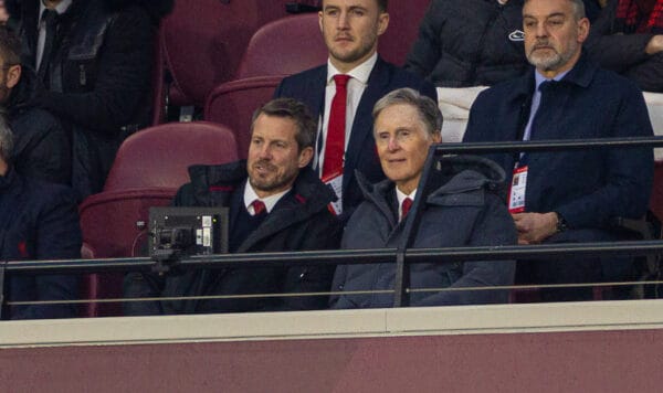 LONDON, ENGLAND - Wednesday, April 26, 2023: Liverpool's owner John W. Henry (R) and Chief Executive Officer Billy Hogan (L) during the FA Premier League match between West Ham United FC and Liverpool FC at the London Stadium. (Pic by David Rawcliffe/Propaganda)