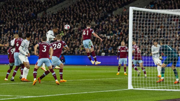 LONDON, ENGLAND - Wednesday, April 26, 2023: Liverpool's Joël Matip scores the second goal during the FA Premier League match between West Ham United FC and Liverpool FC at the London Stadium. (Pic by David Rawcliffe/Propaganda)