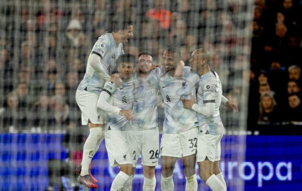 LONDON, ENGLAND - Wednesday, April 26, 2023: Liverpool's Joël Matip (2nd from R) celebrates with team-mates after scoring the second goal during the FA Premier League match between West Ham United FC and Liverpool FC at the London Stadium. (Pic by David Rawcliffe/Propaganda)