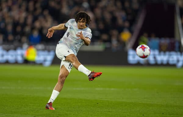 LONDON, ENGLAND - Wednesday, April 26, 2023: Liverpool's Trent Alexander-Arnold shoots during the FA Premier League match between West Ham United FC and Liverpool FC at the London Stadium. (Pic by David Rawcliffe/Propaganda)