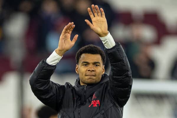 LONDON, ENGLAND - Wednesday, April 26, 2023: Liverpool's Cody Gakpo celebrates his side's 2-1 victory after the FA Premier League match between West Ham United FC and Liverpool FC at the London Stadium. (Pic by David Rawcliffe/Propaganda)