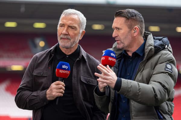 LIVERPOOL, ENGLAND - Sunday, April 30, 2023: Former Liverpool player Robbie Keane (R) and former player & manger Graeme Souness, working for Sky Sports, before the FA Premier League match between Liverpool FC and Tottenham Hotspur FC at Anfield. (Pic by David Rawcliffe/Propaganda)