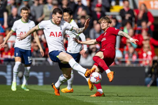 LIVERPOOL, ENGLAND - Sunday, April 30, 2023: Tottenham Hotspur's Pierre-Emile Højbjerg (L) challenges Liverpool's Harvey Elliott during the FA Premier League match between Liverpool FC and Tottenham Hotspur FC at Anfield. (Pic by David Rawcliffe/Propaganda)