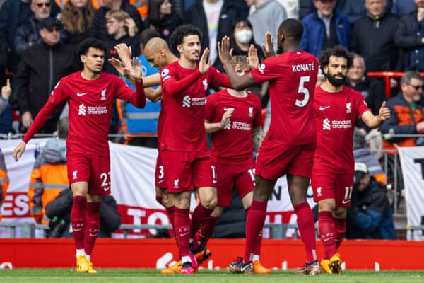 LIVERPOOL, ENGLAND - Sunday, April 30, 2023: Liverpool's Curtis Jones celebrates after scoring the opening goal during the FA Premier League match between Liverpool FC and Tottenham Hotspur FC at Anfield. (Pic by David Rawcliffe/Propaganda)