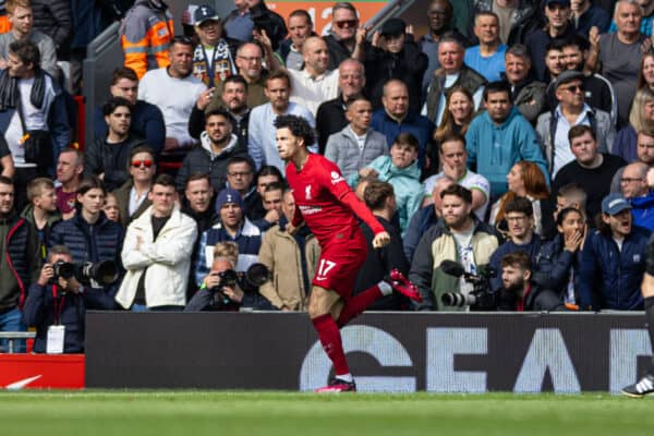 LIVERPOOL, ENGLAND - Sunday, April 30, 2023: Liverpool's Curtis Jones celebrates after scoring the opening goal during the FA Premier League match between Liverpool FC and Tottenham Hotspur FC at Anfield. (Pic by David Rawcliffe/Propaganda)