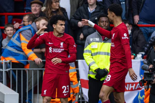 LIVERPOOL, ENGLAND - Sunday, April 30, 2023: Liverpool's Luis Díaz (L) celebrates with team-mate Cody Gakpo after scoring the second goal during the FA Premier League match between Liverpool FC and Tottenham Hotspur FC at Anfield. (Pic by David Rawcliffe/Propaganda)