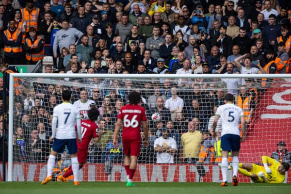 LIVERPOOL, ENGLAND - Sunday, April 30, 2023: Tottenham Hotspur's goalkeeper Fraser Forster is beaten by Liverpool's Mohamed Salah for the third goal, from a penalty kick, during the FA Premier League match between Liverpool FC and Tottenham Hotspur FC at Anfield. (Pic by David Rawcliffe/Propaganda)