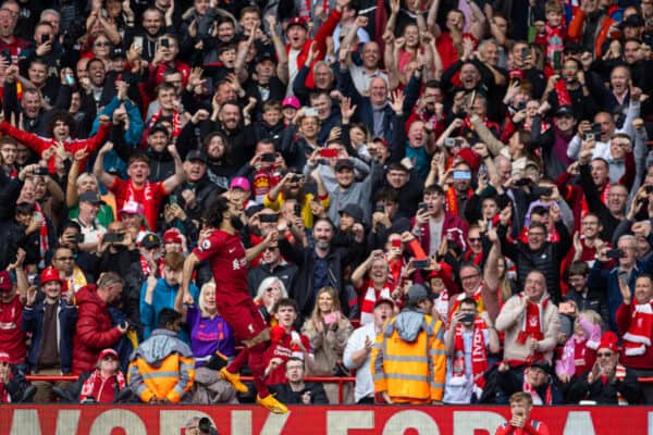LIVERPOOL, ENGLAND - Sunday, April 30, 2023: Liverpool's Mohamed Salah celebrates after scoring the third goal during the FA Premier League match between Liverpool FC and Tottenham Hotspur FC at Anfield. (Pic by David Rawcliffe/Propaganda)