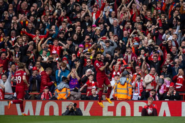 LIVERPOOL, ENGLAND - Sunday, April 30, 2023: Liverpool's Mohamed Salah celebrates after scoring the third goal during the FA Premier League match between Liverpool FC and Tottenham Hotspur FC at Anfield. (Pic by David Rawcliffe/Propaganda)