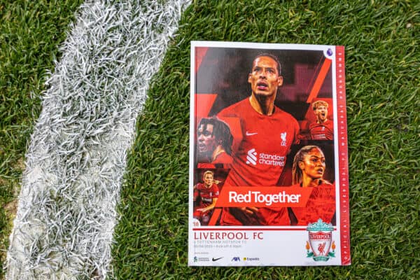 LIVERPOOL, ENGLAND - Sunday, April 30, 2023: Liverpool's matchday programme featuring Virgil van Dijk, Trent Alexander-Arnold, Harvey Elliott, Taylor Hinds and Gemma Bonner seen before the FA Premier League match between Liverpool FC and Tottenham Hotspur FC at Anfield. (Pic by David Rawcliffe/Propaganda)