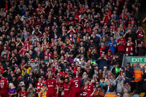 LIVERPOOL, ENGLAND - Sunday, April 30, 2023: Liverpool supporters celebrate the third goal, scored by Mohamed Salah, during the FA Premier League match between Liverpool FC and Tottenham Hotspur FC at Anfield. (Pic by David Rawcliffe/Propaganda)