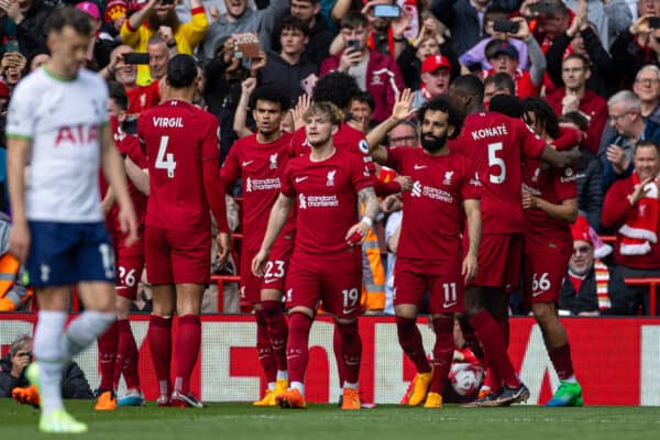 LIVERPOOL, ENGLAND - Sunday, April 30, 2023: Liverpool's Mohamed Salah celebrates after scoring the third goal during the FA Premier League match between Liverpool FC and Tottenham Hotspur FC at Anfield. (Pic by David Rawcliffe/Propaganda)